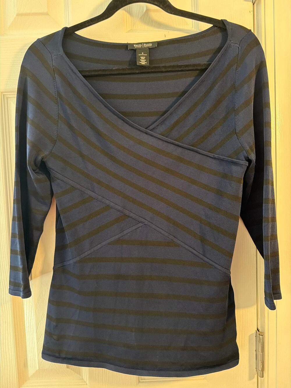 White House Black Market Navy black stripes crossover wrap 3/4 sleeve Size S